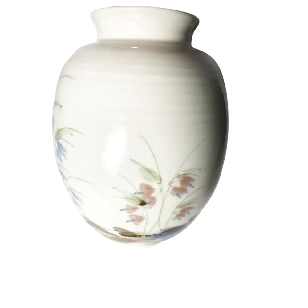Studio Pottery 80s Signed Vase Beige Blue Mauve Floral